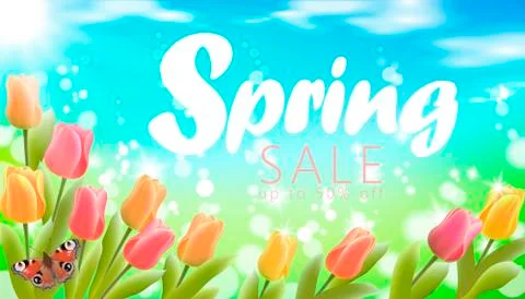 Realistic 3d spring sale script lettering web banner template. Color tulip Stock-Illustration