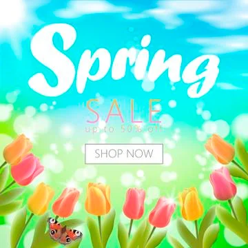 Realistic 3d spring sale script lettering web banner template. Color tulip fl Stock Illustration