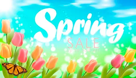 Realistic 3d spring sale script lettering web banner template. Color tulip fl Stock Illustration