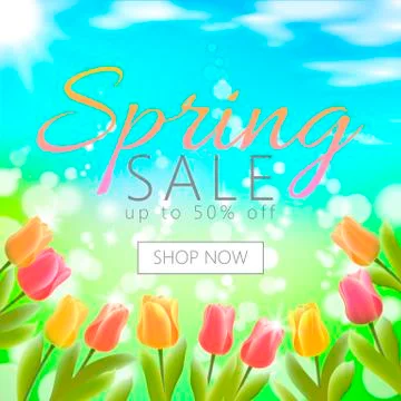 Realistic 3d spring sale script lettering web banner template. Color tulip fl Stock Illustration