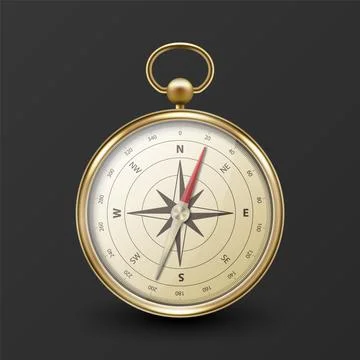 Realistic 3D Vector Compass with Gold Metallic Frame, Navigation Tool Stock Illustration