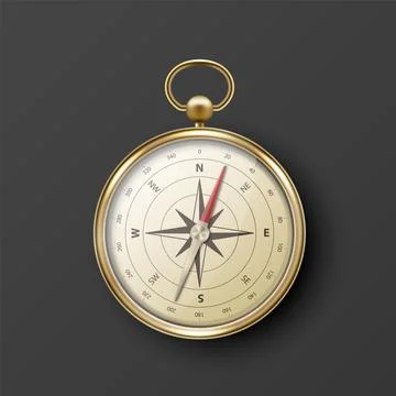 Realistic 3D Vector Compass with Gold Metallic Frame, Navigation Tool Stock Illustration