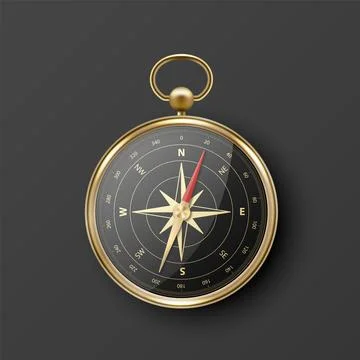 Realistic 3D Vector Compass with Gold Metallic Frame, Navigation Tool Stock Illustration
