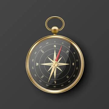 Realistic 3D Vector Compass with Gold Metallic Frame, Navigation Tool Stock Illustration