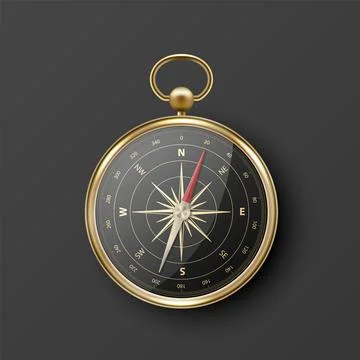 Realistic 3D Vector Compass with Gold Metallic Frame, Navigation Tool Stock Illustration