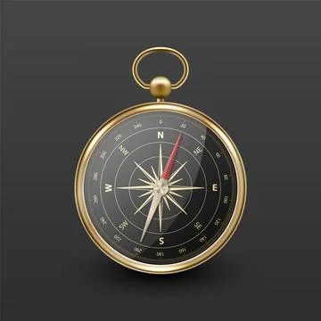 Realistic 3D Vector Compass with Gold Metallic Frame, Navigation Tool Stock Illustration
