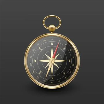 Realistic 3D Vector Compass with Gold Metallic Frame, Navigation Tool Stock Illustration