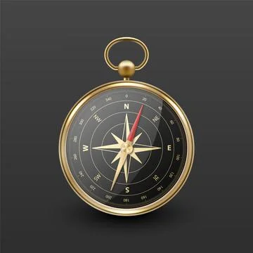 Realistic 3D Vector Compass with Gold Metallic Frame, Navigation Tool Stock Illustration