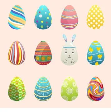 Realistic 3d vector easter eggs painted with spring pattern. Decoration retro Illustrazione stock