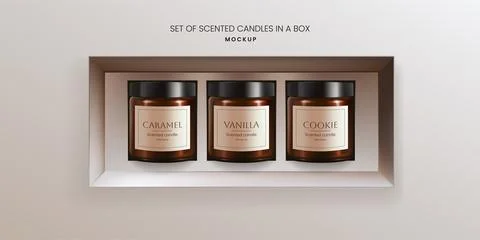 A realistic 3D vector mockup of scented vanilla candles in brown glass jars.. Stock Illustration