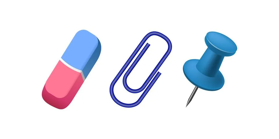 Realistic 3D vector of office stationery items including erasers, pin clips,  Stock Illustration