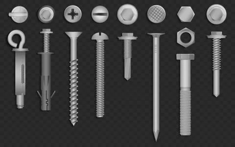 Realistic 3d vector screws, nuts, bolts, rivets and nails for fastening and Stock Illustration
