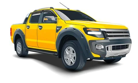 Realistic 3D vector yellow pickup four doors on white background Stock Illustration