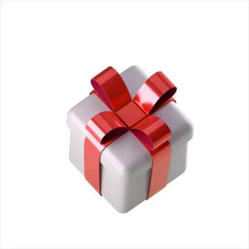 Realistic 3d white gift box with red glossy ribbon bow Stock Photos