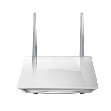 Realistic 3D wireless router isolated on white background. Source of wi-fi  Illustrazione stock