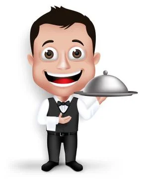 Realistic 3D Young Friendly Professional Waiter in Formal Attire Stock Illustration