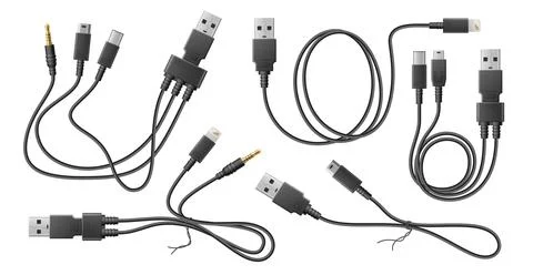 Realistic adapter cables. Black flexible wires with usb different types Stock Illustration