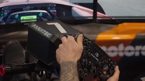 Realistic advanced dedicated sim racing hardware simulator setup Stock Footage 307489977