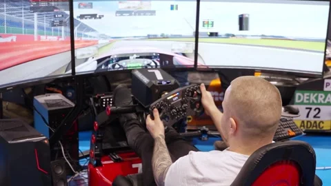 Realistic advanced dedicated sim racing hardware simulator setup Video stock 307490260