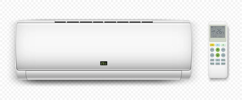 Realistic air conditioner with remote control isolated on transparent backg.. Stock Illustration