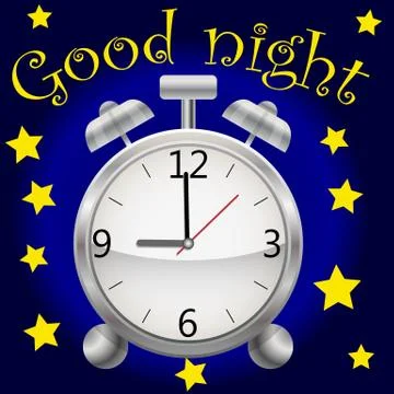 Realistic alarm clock on a dark background. Good Night's Inscription Stock Illustration