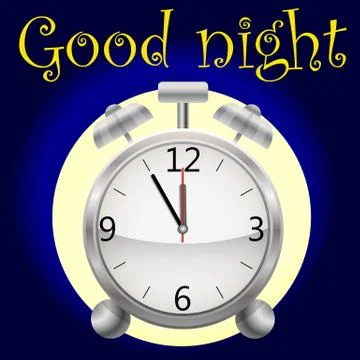 Realistic alarm clock on a dark background. Good Night's Inscription Stock-Illustration