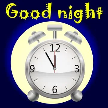 Realistic alarm clock on a dark background. Good Night's Inscription Stock Illustration