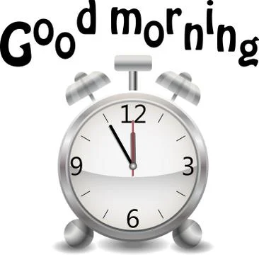 A realistic alarm clock on a white background. Inscription Good morning Stock Illustration