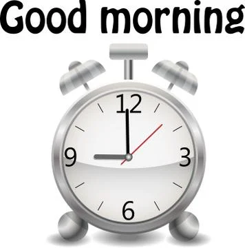 A realistic alarm clock on a white background. Inscription Good morning 스톡 일러스트
