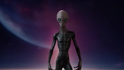 Realistic Alien looks at the camera with eye and face Stock Footage 258534549