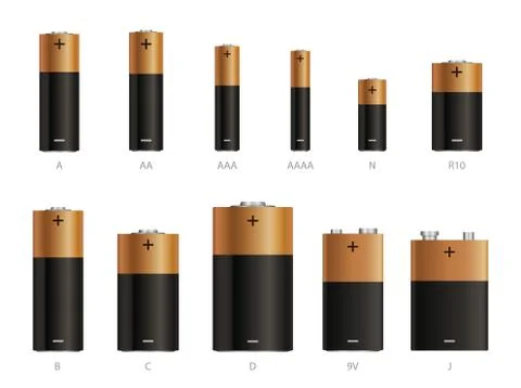 Realistic alkaline battery set with diffrent size. Art design blank mockup Stock Illustration