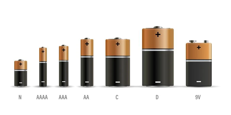 Realistic alkaline battery set icon in flat style. Diffrent size accumulato.. Illustrazione stock