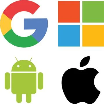 Realistic android, Google, Apple, Microsoft window logos set. Mobile device.. Stock Illustration