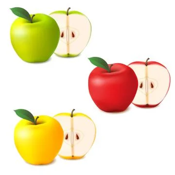 Realistic apples vector set. Whole and sliced red, green and yellow. Stock Illustration