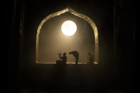 A realistic Arabian interior miniature with window and columns. Silhouette of Photos