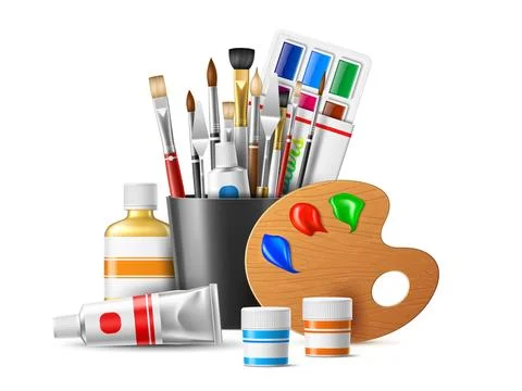 Realistic art tools composition. Painting supplies, creative materials Stock Illustration