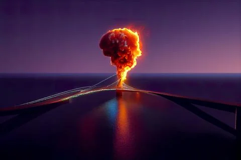 Realistic artwork of Nuclear explosion on a bridge over a river Illustrazione stock