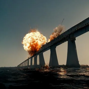 Realistic artwork of Nuclear explosion on a bridge over a river Illustrazione stock