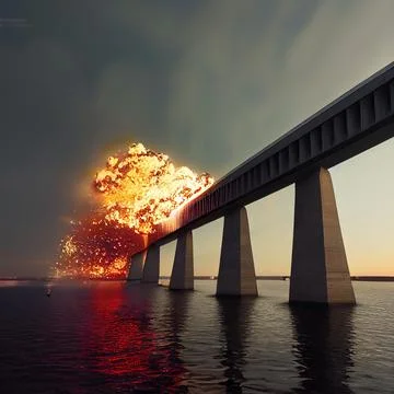 Realistic artwork of Nuclear explosion on a bridge over a river Illustrazione stock