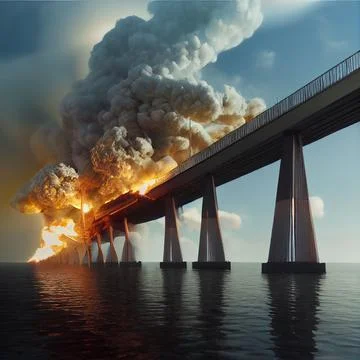 Realistic artwork of Nuclear explosion on a bridge over a river Illustrazione stock