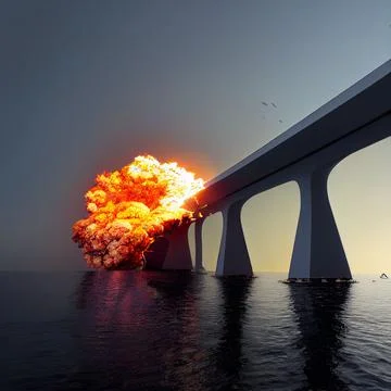 Realistic artwork of Nuclear explosion on a bridge over a river Illustrazione stock