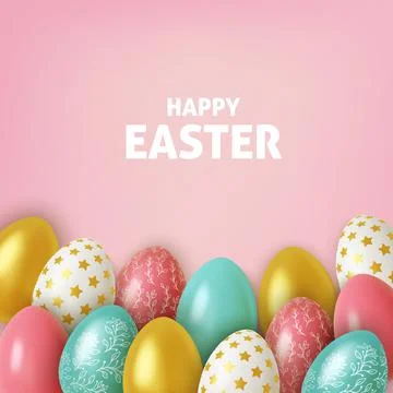 Realistic background Composition of 3D Easter eggs. Vector illustration Stock Illustration