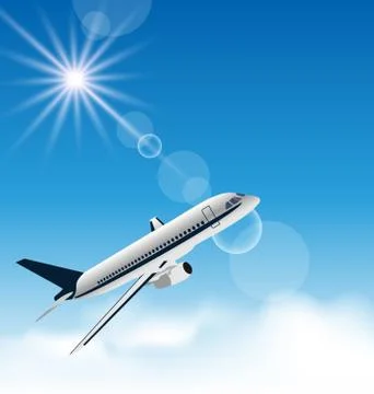Realistic background with flying airplane Stock Illustration