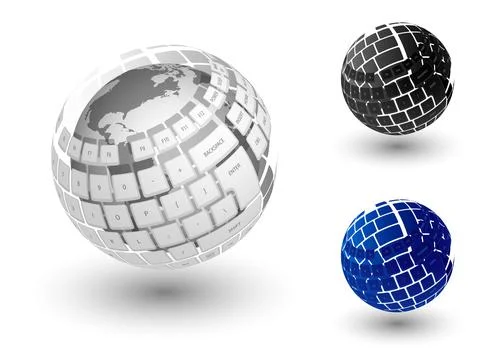 Realistic ball and keys of computer keyboard soars in air. Digital technologi Illustrazione stock