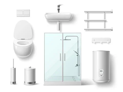 Realistic bathroom elements. 3d plumbing objects, white porcelain sink and Illustrazione stock