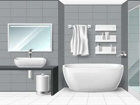 Realistic bathroom interior. 3d minimal wet room design, ceramic tiles, white Stock Illustration