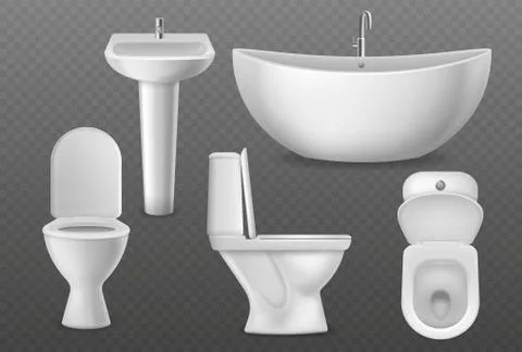 Realistic bathroom objects. White collection bathtub, toilet seat and washbasin Stock Illustration