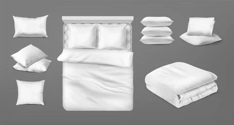 Realistic bedding set. White blank mockup of square and rectangular bed cushi Illustrazione stock