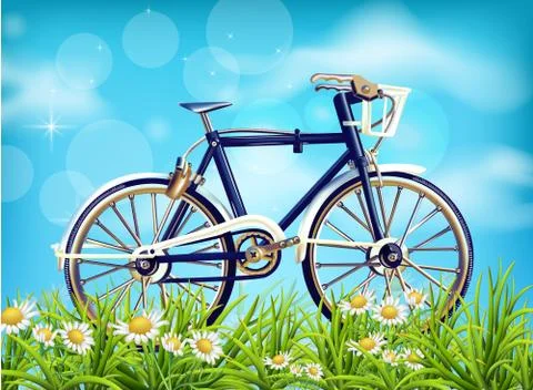 Realistic Bicycle spring background Vector. season green meadow and blue sky. Stock Illustration