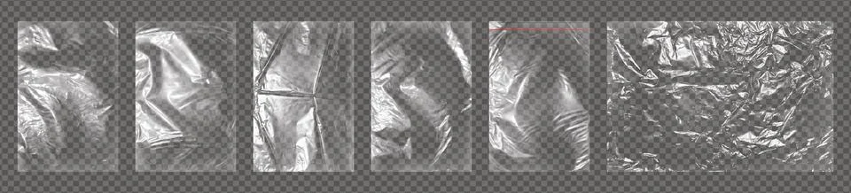 Realistic big set of transparent plastic polyethylene wrap bags overlay. Stock Illustration